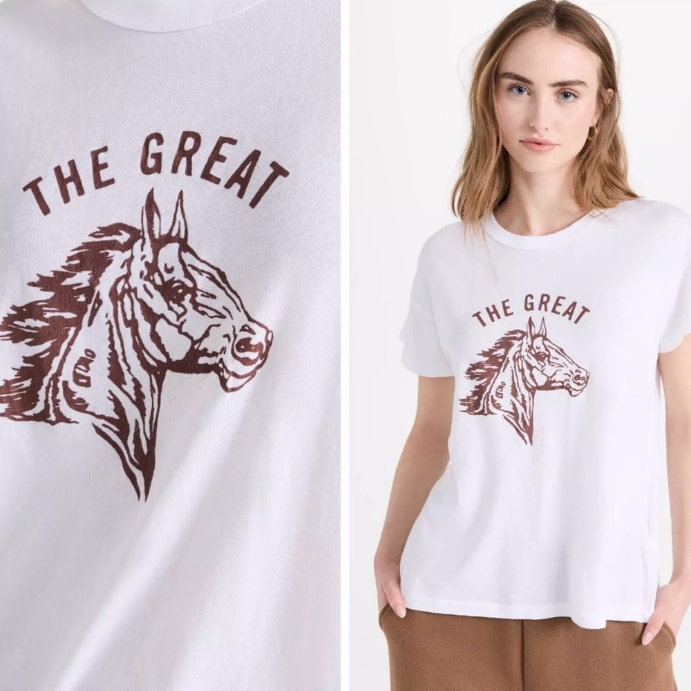 THE GREAT. Boxy Crew Tee w/ Bronco Graphic in True White. Size 0